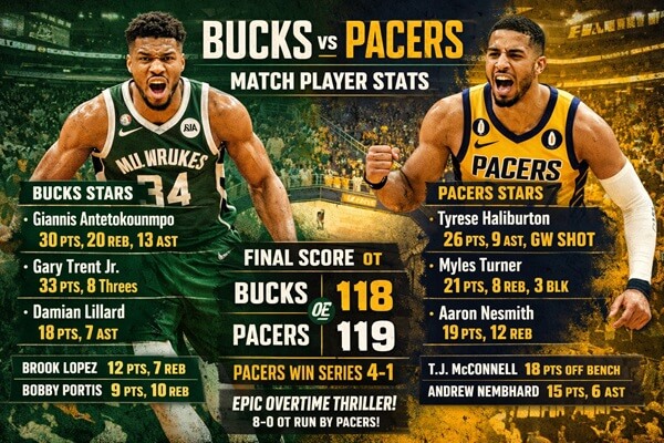 Milwaukee Bucks vs Pacers Match Player Stats